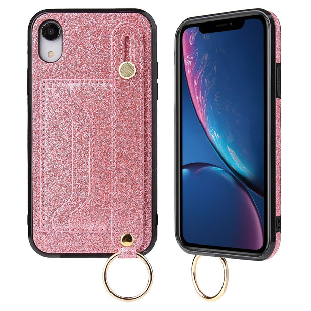 Glitter Powder PU+TPU Shockproof Protective Case with Holder & Card Slots & Wrist Strap - iPhone X / XS(Pink)