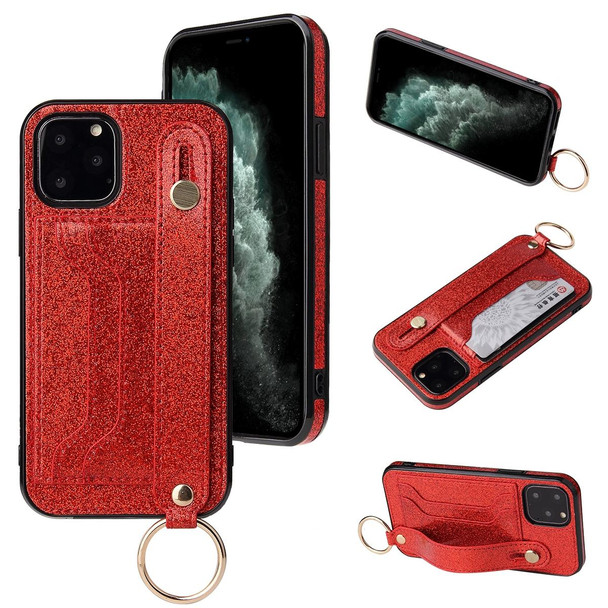 Glitter Powder PU+TPU Shockproof Protective Case with Holder & Card Slots & Wrist Strap - iPhone 11 Pro(Red)