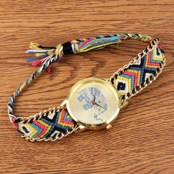 Round Dial Elephant Pattern Fashion Women Quartz Watch with Colorful Hand-woven Rope Band (Black + Blue + Yellow + Magenta)