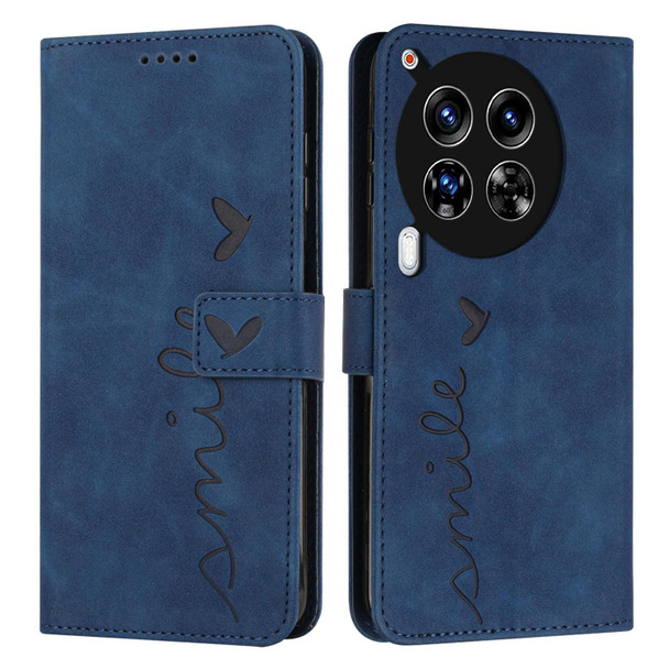 For Tecno Camon 30 Premier Skin Feel Heart Embossed Leather Phone Case with Long Lanyard(Blue)