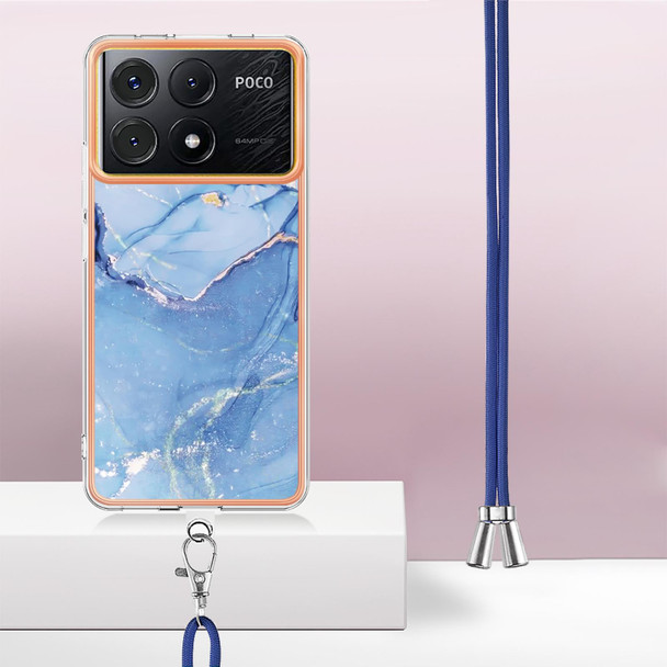 For Xiaomi Poco X6 Pro Electroplating Marble Dual-side IMD Phone Case with Lanyard(Blue 018)