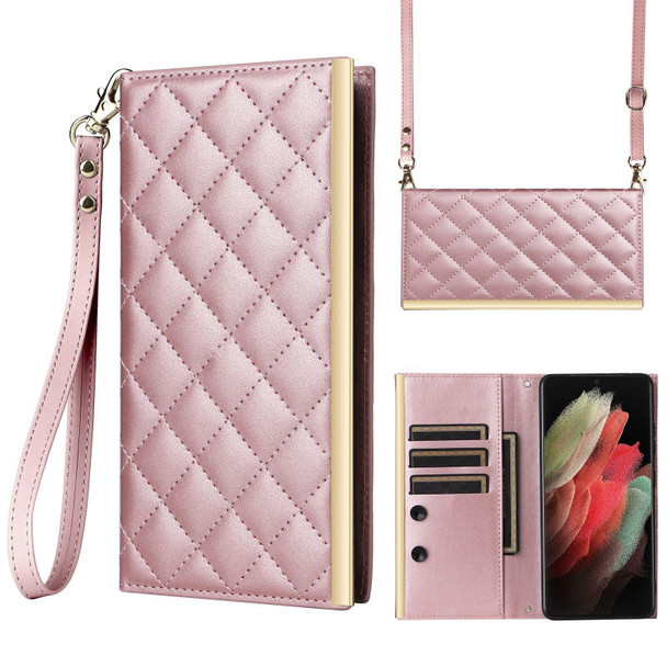 For Samsung Galaxy S21 Ultra 5G Crossbody Rhombic Sucker Leather Phone Case(Rose Gold)