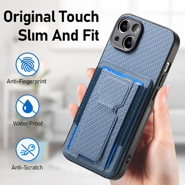 For iPhone 7 / 8 / SE 2022 Carbon Fiber Fold Stand Elastic Card Bag Phone Case(Blue)