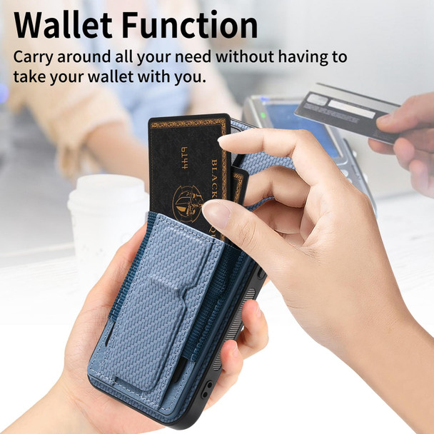 For iPhone 7 / 8 / SE 2022 Carbon Fiber Fold Stand Elastic Card Bag Phone Case(Blue)
