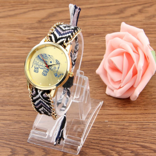 Round Dial Elephant Pattern Fashion Women Quartz Watch with Colorful Hand-woven Rope Band (Black + White)