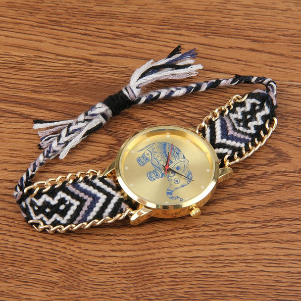 Round Dial Elephant Pattern Fashion Women Quartz Watch with Colorful Hand-woven Rope Band (Black + White)