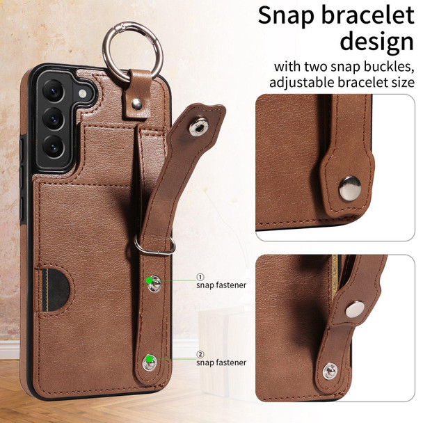 For Samsung Galaxy S22+ 5G Calf Texture Wrist Card Slot Ring Phone Case(Brown)