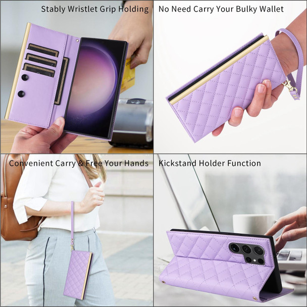 For Samsung Galaxy S24 Ultra 5G Crossbody Rhombic Sucker Leather Phone Case(Purple)