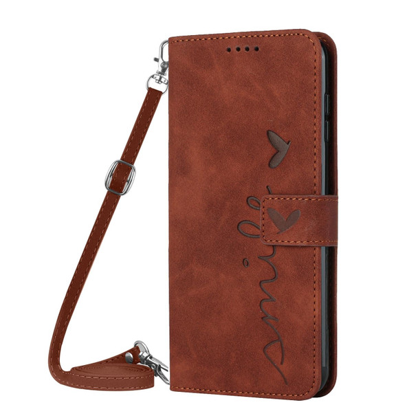 For Tecno Pova 6 Pro Skin Feel Heart Embossed Leather Phone Case with Long Lanyard(Brown)