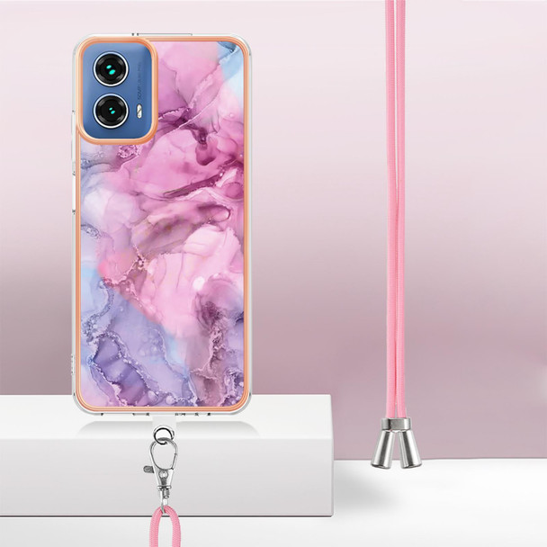 For Motorola Moto G34 Electroplating Marble Dual-side IMD Phone Case with Lanyard(Pink 013)