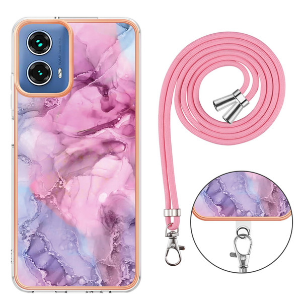 For Motorola Moto G34 Electroplating Marble Dual-side IMD Phone Case with Lanyard(Pink 013)