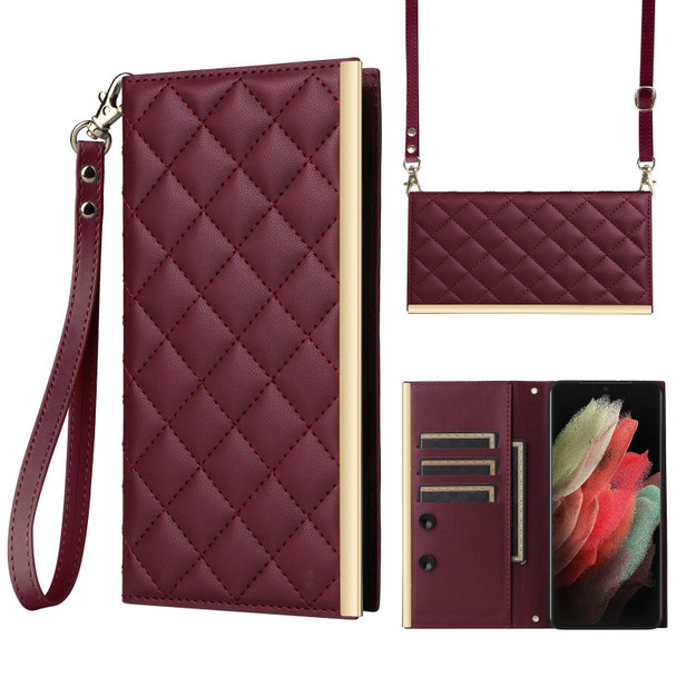 For Samsung Galaxy S21 Ultra 5G Crossbody Rhombic Sucker Leather Phone Case(Claret)