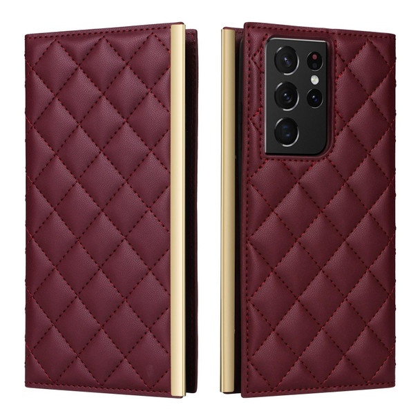 For Samsung Galaxy S21 Ultra 5G Crossbody Rhombic Sucker Leather Phone Case(Claret)