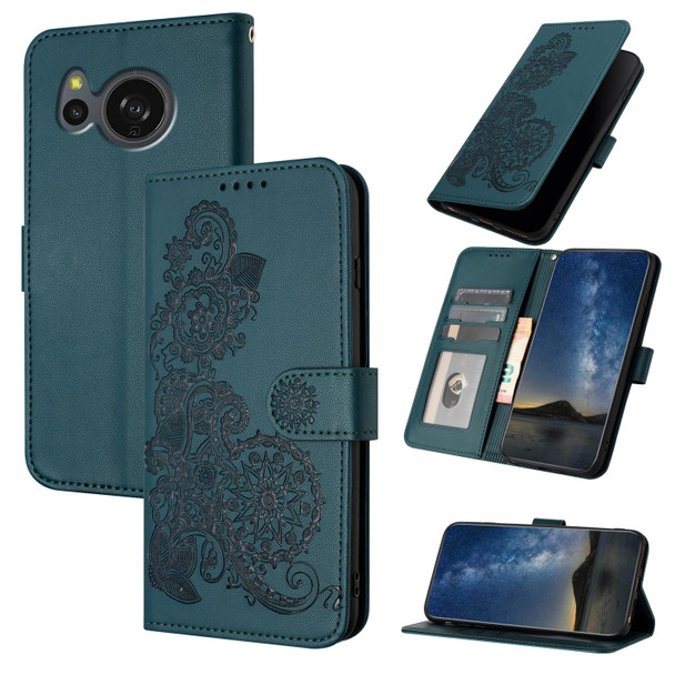 For Sharp Aquos sense8/SHG11/SH-54D Datura Flower Embossed Flip Leather Phone Case(Dark Green)