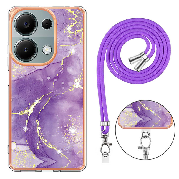 For Xiaomi Poco M6 Pro 4G Electroplating Marble Dual-side IMD Phone Case with Lanyard(Purple 002)