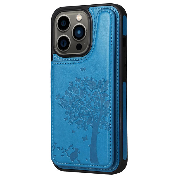 Cat Tree Embossing Pattern Shockproof Phone Case - iPhone 13 Pro(Blue)