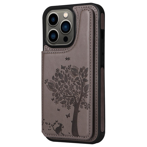 Cat Tree Embossing Pattern Shockproof Phone Case - iPhone 13 Pro(Gray)