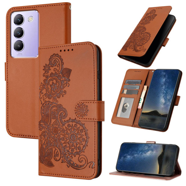 For vivo Y100 5G IDN/Y200e 5G Global Datura Flower Embossed Flip Leather Phone Case(Brown)