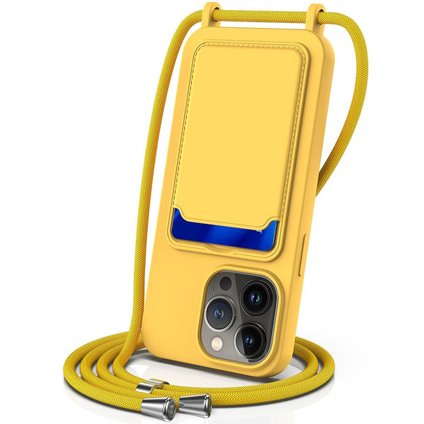 For iPhone 13 Pro Max Integrated Card Bag Solid Color Liquid Silicone Phone Case with Lanyard(Yellow)