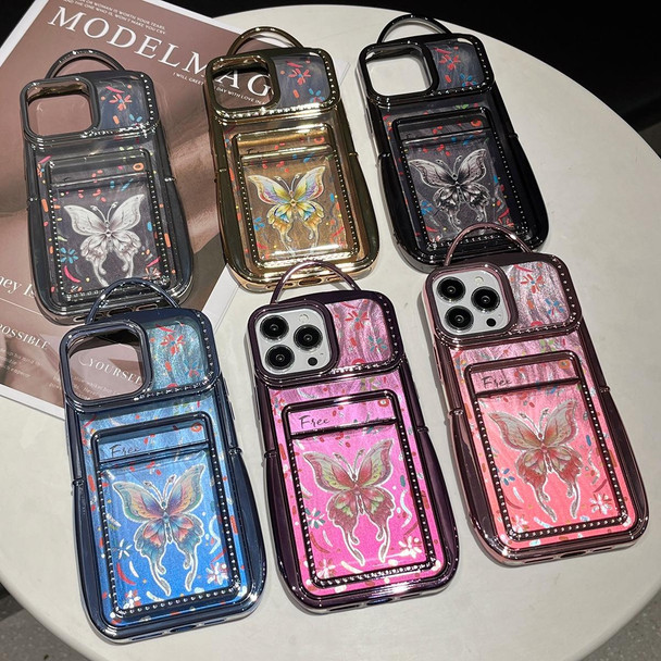 For iPhone 15 Pro Electroplated Card Slot Laser Butterfly Cardboard TPU Phone Case(Pink)