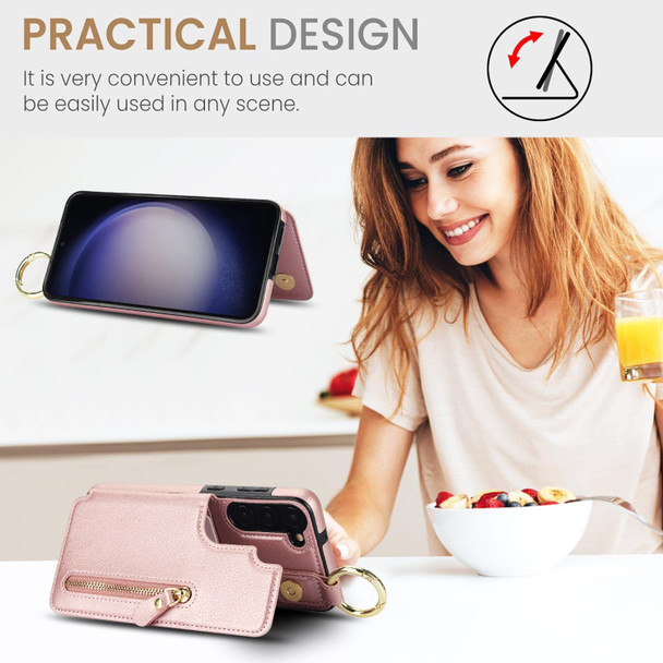 For Samsung Galaxy S23 5G Litchi Texture Zipper Double Buckle Card Bag Phone Case(Rose Gold)