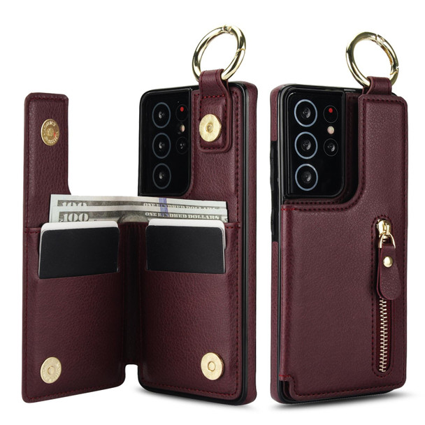 For Samsung Galaxy S21 Ultra 5G Litchi Texture Zipper Double Buckle Card Bag Phone Case(Maroon Red)