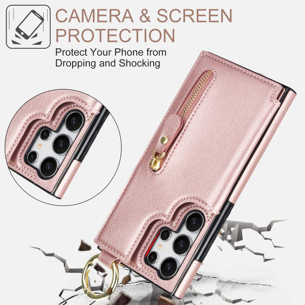 For Samsung Galaxy S24 Ultra 5G Litchi Texture Zipper Double Buckle Card Bag Phone Case(Rose Gold)