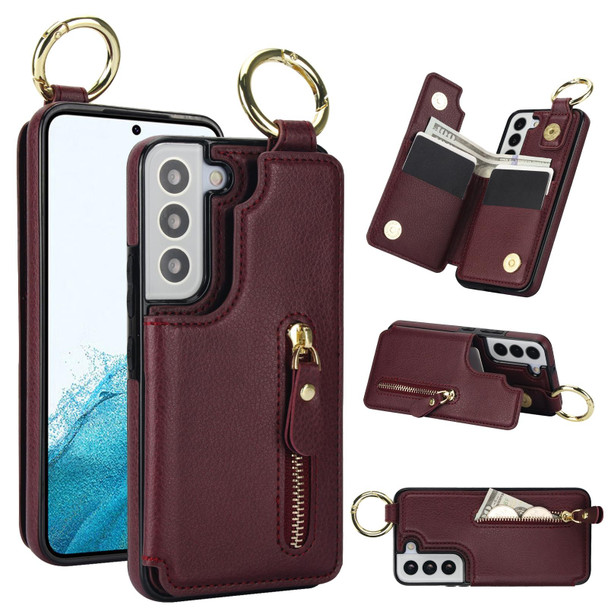 For Samsung Galaxy S22 5G Litchi Texture Zipper Double Buckle Card Bag Phone Case(Maroon Red)