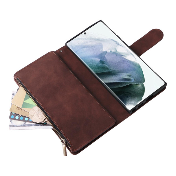 For Samsung Galaxy S22 Ultra 5G Multifunctional Frosted Zipper Wallet Leather Phone Case(Coffee)