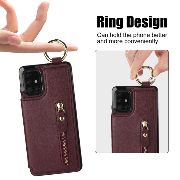 For Samsung Galaxy A51 4G Litchi Texture Zipper Double Buckle Card Bag Phone Case(Maroon Red)