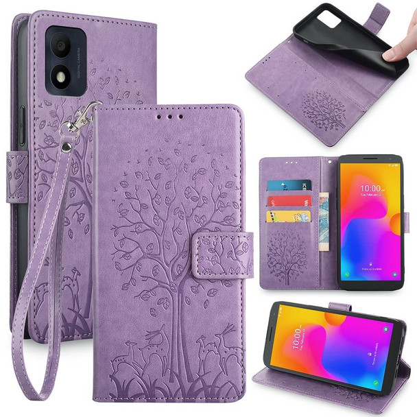 For Alcatel 1B 2022 Tree & Deer Embossed Leather Phone Case(Purple)