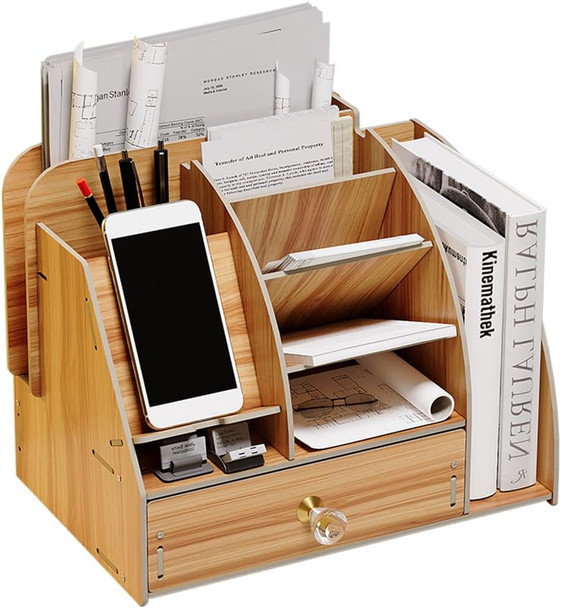 Elegant Wooden Desktop Organiser with Phone Holder
