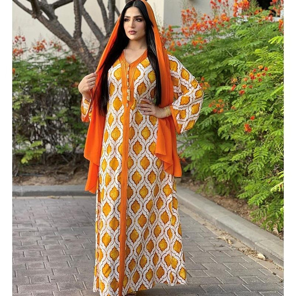 Women Printed Loose Long Dress (Color:Orange Size:XXL)