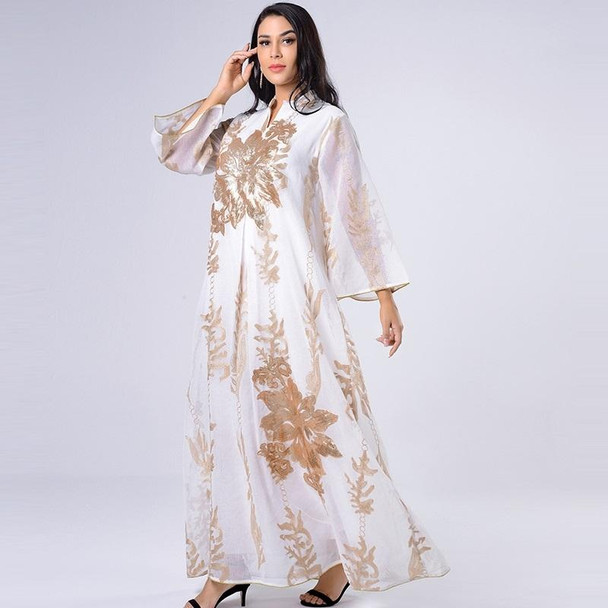 Women Gold Sequin Embroidered Stand Collar Dress (Color:White Size:M)