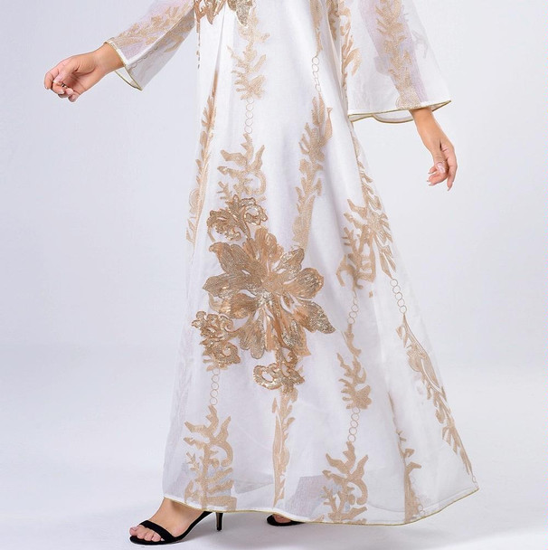 Women Gold Sequin Embroidered Stand Collar Dress (Color:White Size:L)