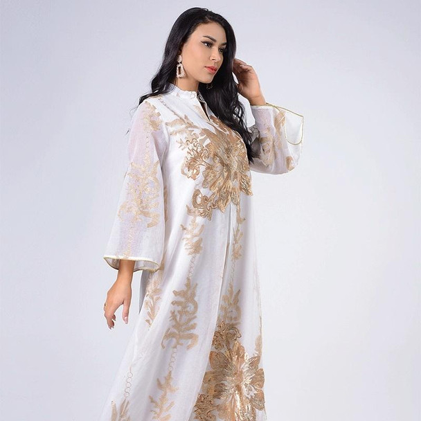 Women Gold Sequin Embroidered Stand Collar Dress (Color:White Size:L)