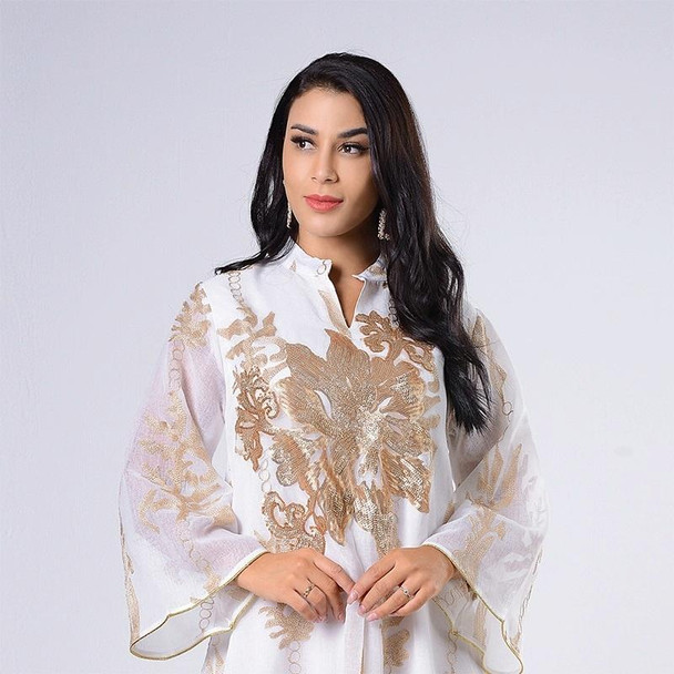 Women Gold Sequin Embroidered Stand Collar Dress (Color:White Size:S)