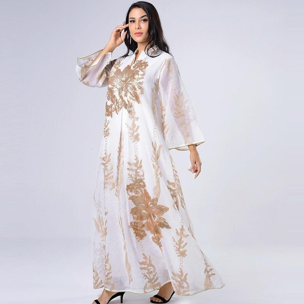 Women Gold Sequin Embroidered Stand Collar Dress (Color:White Size:S)