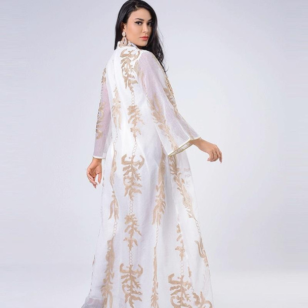 Women Gold Sequin Embroidered Stand Collar Dress (Color:White Size:S)