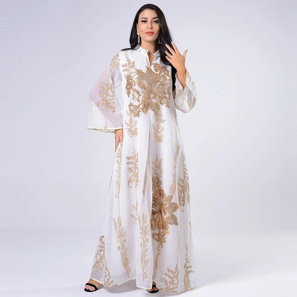 Women Gold Sequin Embroidered Stand Collar Dress (Color:White Size:S)