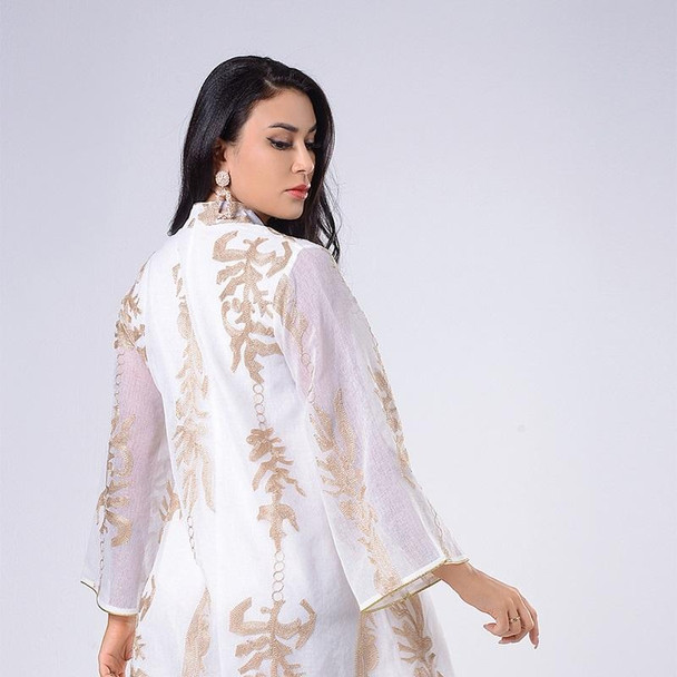 Women Gold Sequin Embroidered Stand Collar Dress (Color:White Size:XL)