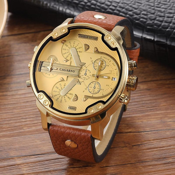 CAGARNY 6820 Round Large Dial Leatherette Band Quartz Dual Movement Watch - Men(Gold Surface Light Brown Band)