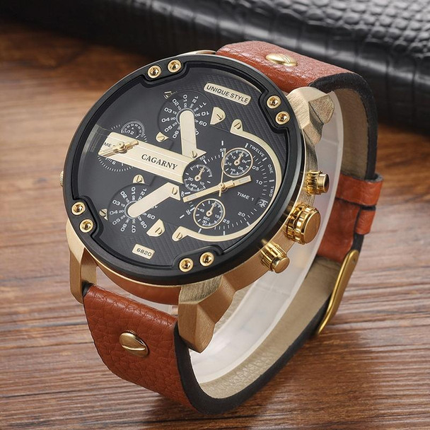 CAGARNY 6820 Round Large Dial Leatherette Band Quartz Dual Movement Watch - Men(Gold Between Brown Band)