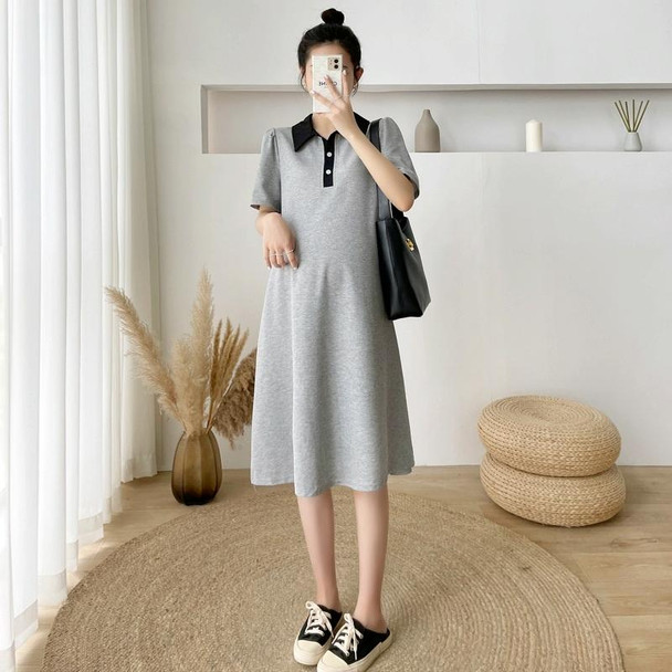 Lapel Mid Length Maternity Dress (Color:Grey Size:M)