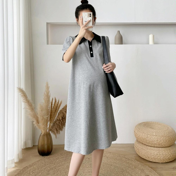 Lapel Mid Length Maternity Dress (Color:Grey Size:M)