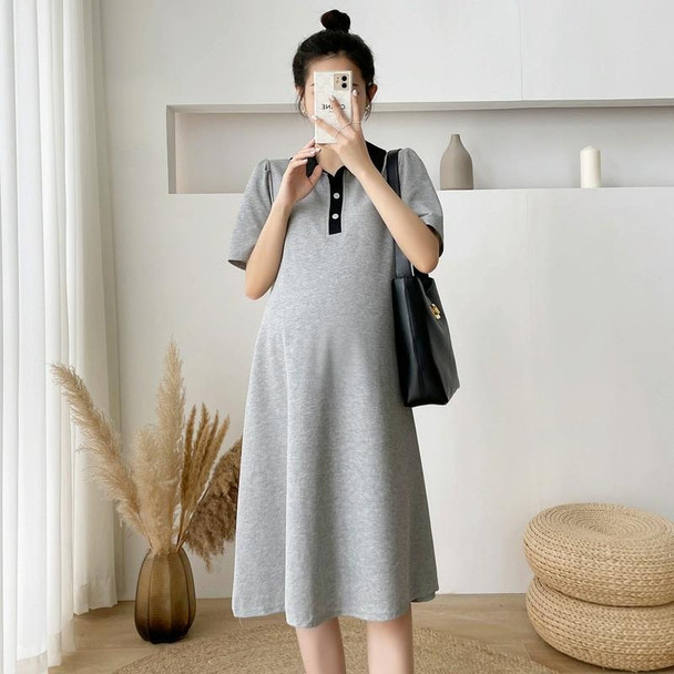 Lapel Mid Length Maternity Dress (Color:Grey Size:M)