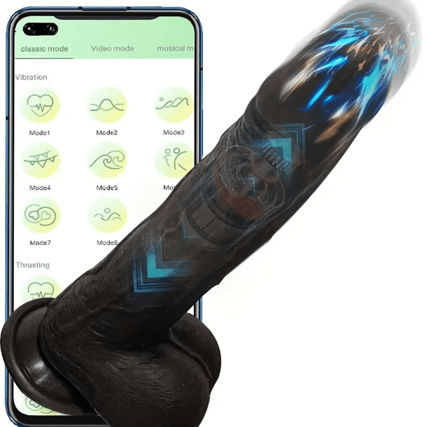 App Control Thrusting Remote Control Silicone Rechargeable Dildo - Coffee