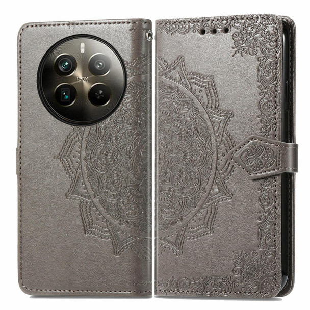 For Realme 12 Pro+ Mandala Flower Embossed Leather Phone Case(Gray)