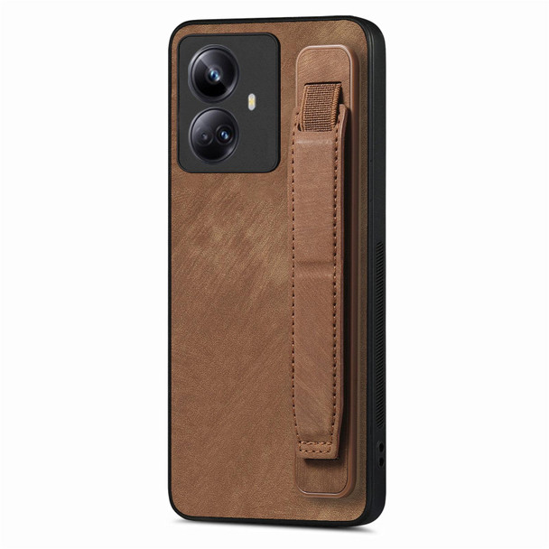 For Realme 10 Pro+ Retro Wristband Holder Leather Back Phone Case(Brown)