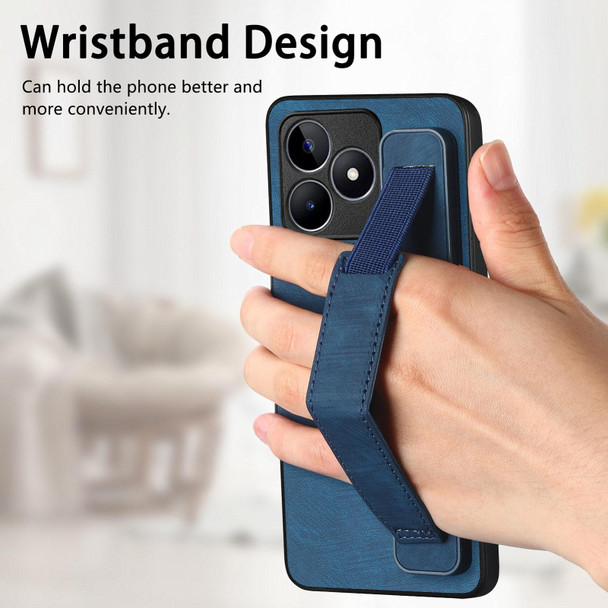 For  Realme C55 Retro Wristband Holder Leather Back Phone Case(Blue)